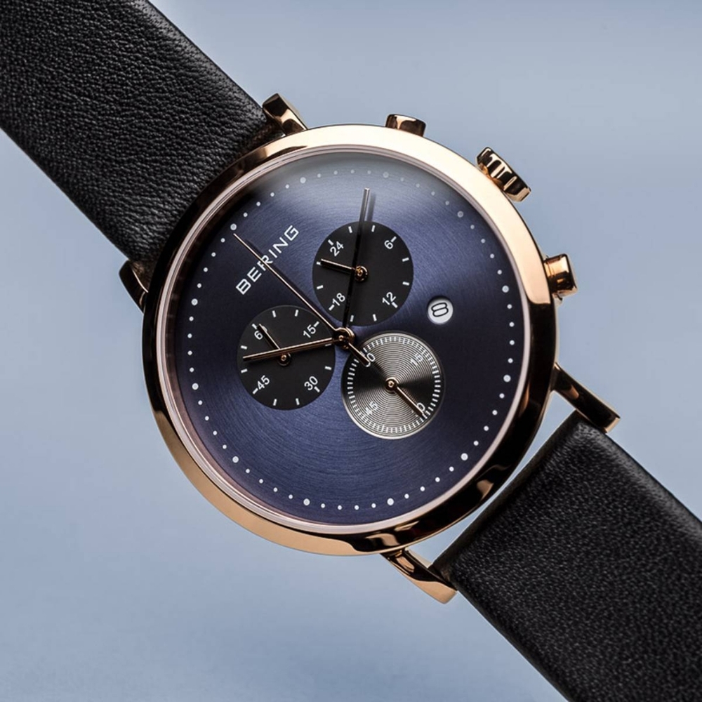 Bering blue and polished gold black leather watch - Picture 5 of 10